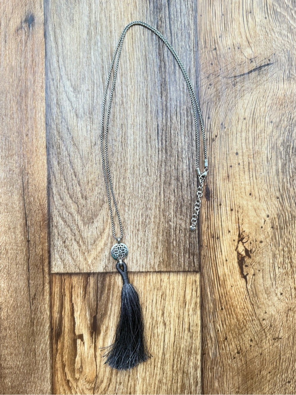 Brighton Silver Filigree Medallion Tassel Long Necklace | Signature Scroll